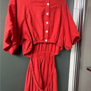 Madewell Seersucker Puff-Sleeve Cutout Mini Dress